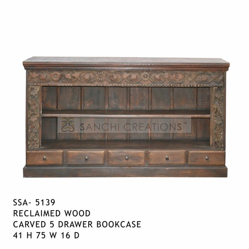 Reclaimed  Wood Carved 5 Drawer Bookcase