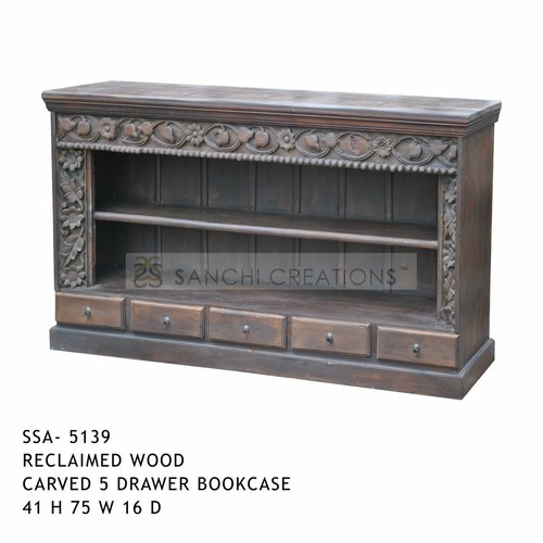 Reclaimed Wood Carved 5 Drawer Bookcase