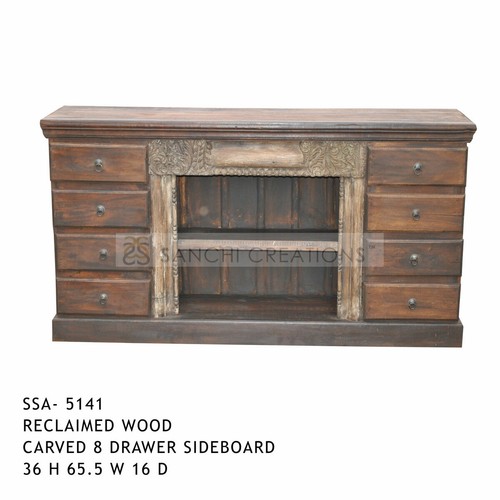 Reclaimed Wood Carved 8 Drawer Sideboard - 36"H x 61.5"W x 16"D, Natural Finish, Hand-Carved Rustic Design