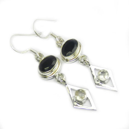 Round Black Onyx & Crystal Quartz Gemstone Earring