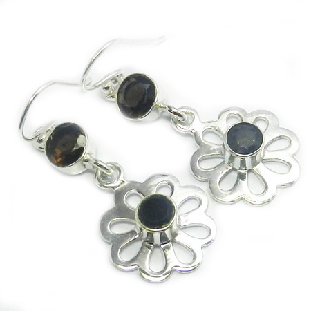 Round Smoky Quartz & Black Onyx Gemstone Earring