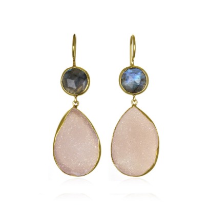 White Druzy & Labradorite Gemstone Earrings - 925 Sterling Silver Vermeil, 30x20/10mm Round Pear Shape in Peach and Purple