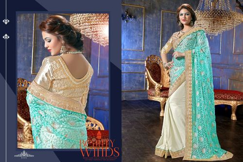Creamy Aqua Full Embroidered Saree