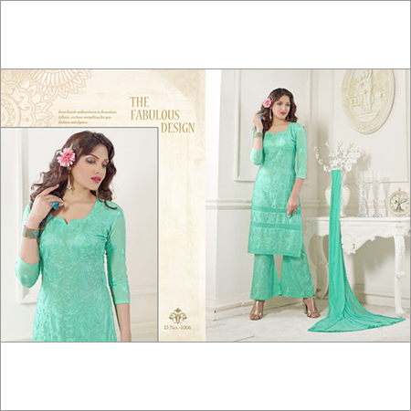 Turquoise Georgette Palazzo Salwar Suit - Georgette Fabric, Size 34-46, Turquoise, Embroidered Resham & Patch Border Work, Chiffon Dupatta