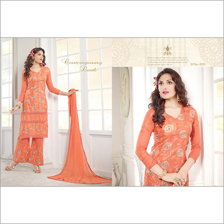 Orange Georgette Palazzo Salwar Suit - Resham & Embroidery Work, Patch Border, Chiffon Dupatta, Sizes 34-46