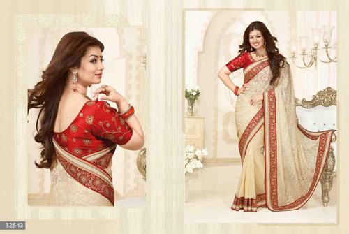 Ayesha Takiya Creamy Red Embroidered Brasso Saree