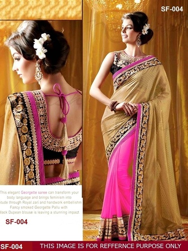 Bollywood Replica Saree - Chiffon + Nett, 6.30 Meters, Pink and Golden | Ethnic Dress, Embroidered Pattern, Washable, All Season, Sleeveless