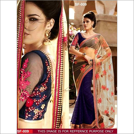 Bollywood Replica Saree - Net & Georgette, Blue and White Embroidered Design, Heavy Broder Work, Short Sleeves, Washable for All Seasons
