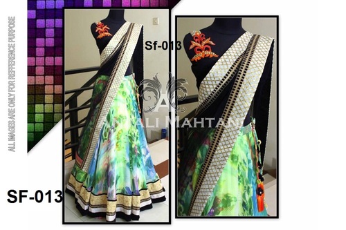 Bollywood Replica Fancy Lehnaga - Georgette, Free Size | Green and Black, Heavy Border, Embroidered, Sleeveless, Washable, Dry Clean Only