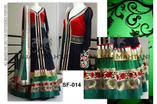 Bollywood Replica Fancy Lehnaga - Velvet, Free Size, Red, Green, and Black | Heavy Border, Full Sleeves, Embroidered, Washable, No Fade