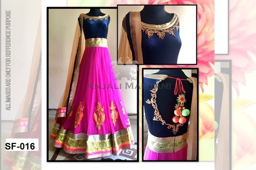 Bollywood Replica Fancy Lehnaga - Net & Velvet Fabric, Free Size, Pink and Blue, Embroidered Design | Sleeveless, Washable, No Fade, Dry Clean Only