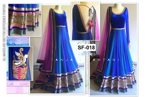 Bollywood Replica Stylish Designer Anarkali Suit - Cotton Silk, Semi Stitch, Blue | Full Sleeves, Breathable, Washable, Embroidered Laces