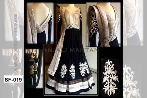 Bollywood Replica Anarkali Suit - Georgette Semi Stitch, Black and Cream Color | Embroidered Pattern, Full Sleeves, Washable, Dry Clean Only