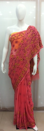 Chikan Saree - Chiffon, 5.5 Meters, Pink | Handcrafted Embroidery, Elegant Design, Soft Fabric, Stylish Drape
