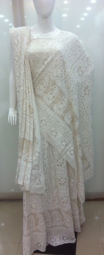 Chikan Pure Jorjet Saree With Mukesh