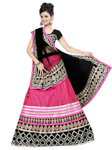 Bollywood Replica Pink With Black Lehanga - Silk, Free Size, Black with Pink | Embroidered, Dry Cleaning, Washable, Short Sleeves, Seasonal Wear