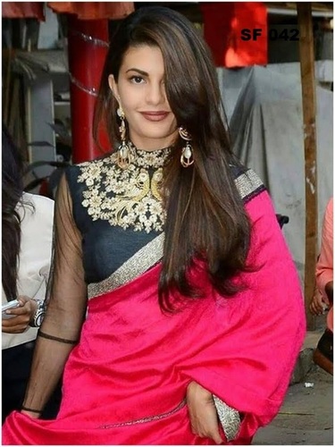 Bollywood Replica Pink Color Saree - Georgette, Size 6.30, Pink with Black Embroidered Border Work | Ethnic Wear, Full Sleeves, All Season, Washable