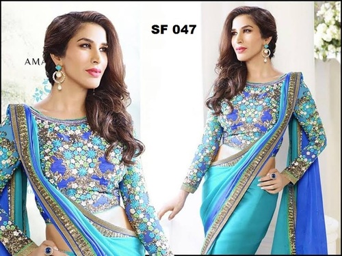 Designer Stylish Fancy Saree - Georgette, 6.30 Size, Sky Blue Color | Full Sleeves, Dry Clean, Washable, No Fade, All Season