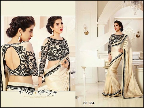 Bollywood Replica Stylish Designer Party Wear Fancy Saree - Georgette Fabric, Size: 6.30, Color: Beige, Plain Pattern, Suitable for All Seasons