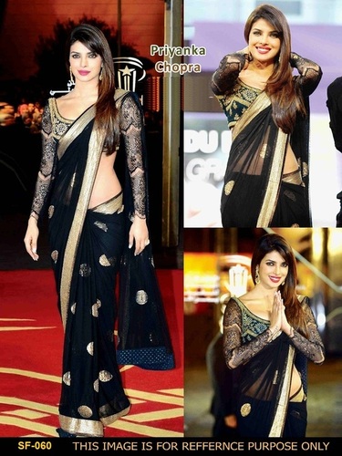 Bollywood Replica Black Saree - Nylon Material, 6.30 Meters Length, Black with Golden Embroidery | All Season Wear, Full Sleeves, Dry Clean Only