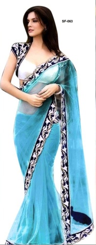 Bollywood Replica Stylish Designer Party Wear Fancy Saree - Georgette, 6.30 Size, Blue and Black Color | Dry Cleaning, No Fade, Washable, Short Sleeves