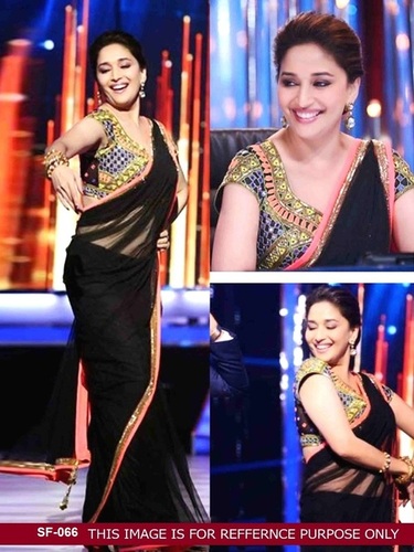 Bollywood Replica Black Color Party Wear Saree - Net Fabric, 6.30 Meters, Fancy Design with Border Work, Short Sleeves, Washable, Dry Clean Only