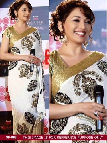 Bollywood Replica White Colour Stylish Designer Party Wear Fancy Saree - Georgette, Size: 6.30, Colour: White, Embroidered, All Season, Short Sleeves, No Fade, Washable
