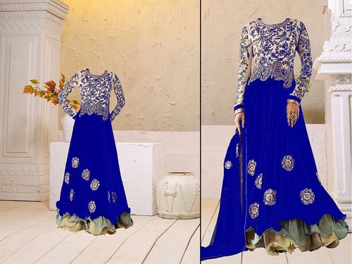 Fancy Ladies Full Anarkali - Net Fabric, Blue, 4 Pieces | Mundi Cut Design, Elegant Look, Ready to Ship