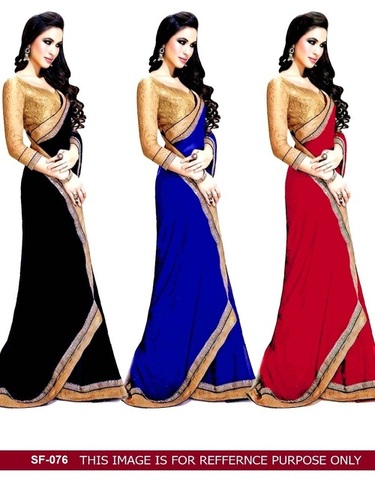Bollywood Replica Stylish Designer Party Wear Fancy Saree - Georgette, 6.30 Size, Blue, Black & Red | Embroidery, All Season, Short Sleeves, Washable