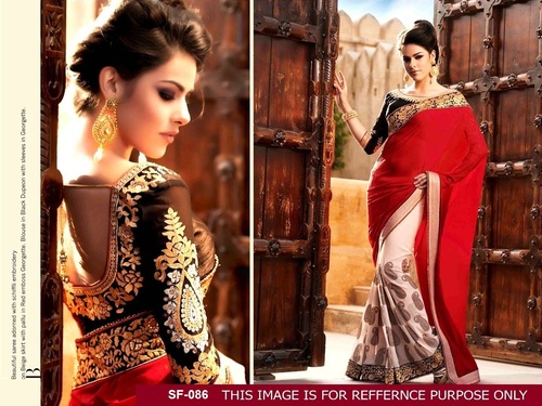 Designer Stylish Party Wear Red With White Colour Saree - Georgette, 6.30 Size | Embroidered, Bollywood Style for All Seasons