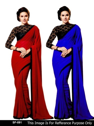 Bollywood Replica Stylish Designer Party Wear Fancy Saree - Georgette, Plus Size 6.30 | Blue and Red, Anti-Wrinkle, Breathable, Quick Dry, Full Sleeves, Embroidered with Beads