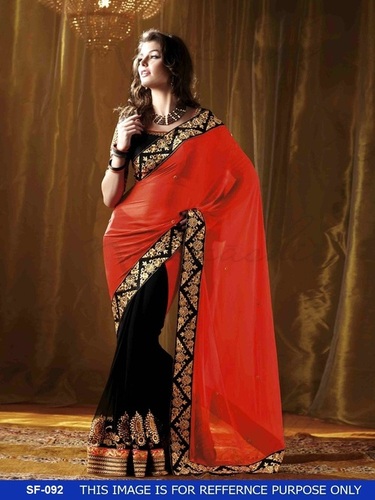 Designer Stylish Red With Black Colour Saree - Georgette, Size: 6.30, Embroidered Pattern | Bollywood Style for All Seasons