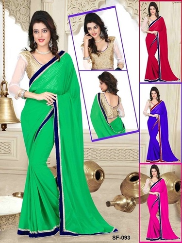 Designer Stylish Fancy Saree - Georgette Fabric, Size 6.30, Color: Green, Red, Pink, Purple | Banarsi Style, Embroidered Work, Lace Closure