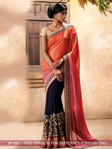 Designer Stylish Fancy Saree - Georgette, 6.30 Size | Embroidered Pattern, Bollywood Style, Peach and Black Colors, Versatile for All Seasons