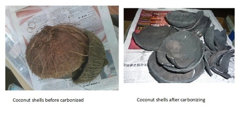 coconut shells BEORE AND AFTER - Carbonization furnace
