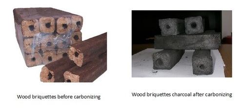wood briquettes BEORE AND AFTER - Carbonization furnace