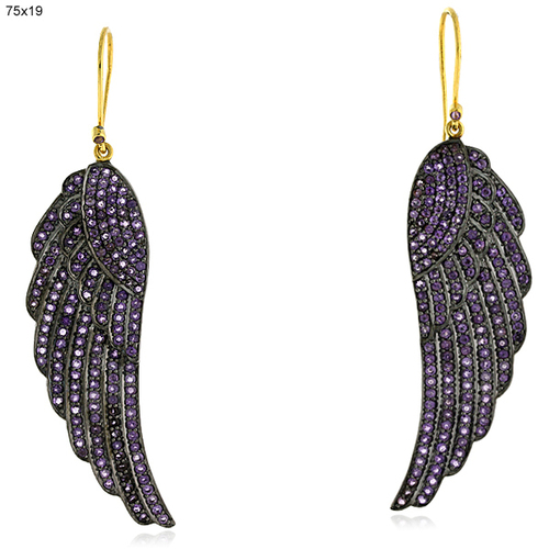 Gemstone Angel Wing Earrings - 14k Yellow Gold & .925 Sterling Silver, Amethyst Pave Setting