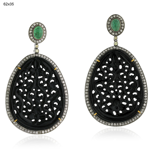 Black Onyx & Emerald Carved Earrings