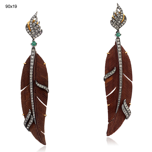 Diamond Pave Wood Carved Leaf Design Earrings