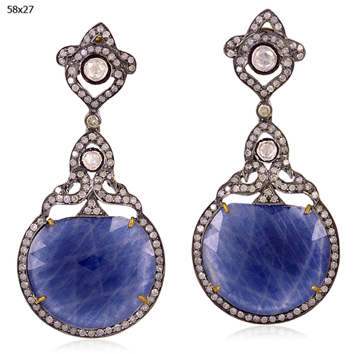 Blue Sapphire Dangle Earrings - 18k Yellow Gold & .925 Sterling Silver, Diamond & Sapphire, Pave and Prong Setting, Elegant Design