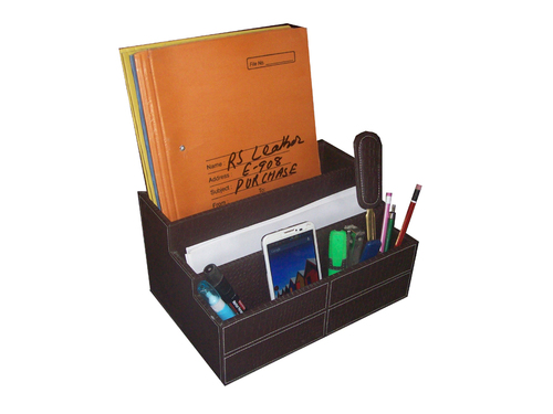 Leather Stationery Box - Brown Croco Leatherette, 12x8.5x6.5 Inches | Stylish Design with Elegant White Stitching