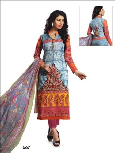 Printed Designer Dress Material - Multi Color, Casual Indian Ethnic Wear with Full Sleeves and Vibrant Printed Pattern