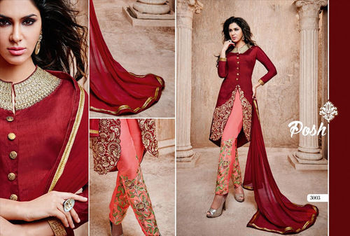 Stylish Red Patiyala Salwra Kameez In Bhagal Puri And Georgete