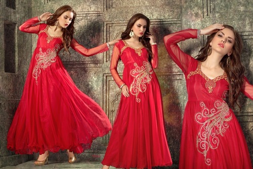 Blood Red Anarkali Suit - 60 Gram Fabric with Lining, V-Neck, Long Sleeves, Embroidered, Elegant Comfortable Fit