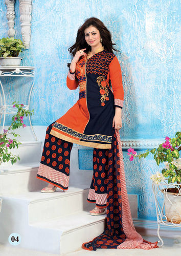 Stylish Orange Cotton Patiyala Suit With Chiffon Dupatta.