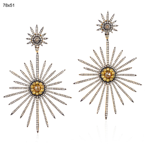 18k Gold & .925 Sterling Silver Diamond Pave Sunburst Dangle Earrings - Elegant Design, Luxury Materials, 1-2 Inch Length