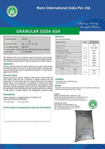 Soda Ash - Na2CO3, 50kg Granular Bags, White & Odorless, High Purity, Moisture Absorbent, Uniform Granules, ISO 9001:2008 & 14001:2004 Certified, Steel & Jaggery Applications