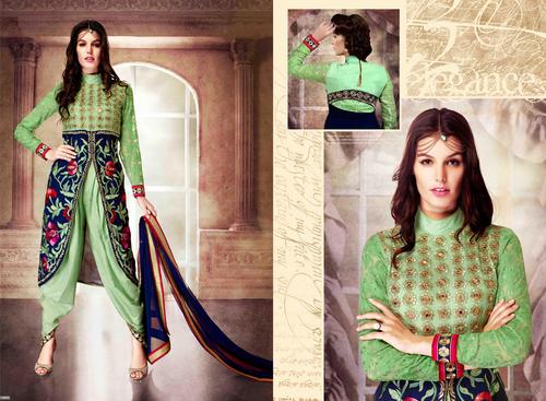 Light Green Fancy Embroidered Suit - Georgette Fabric, Chiffon Lace Border Dupatta, Semi-Stitched, Elegant Design