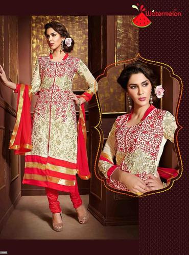 Red Watermelon Embroidered Straight Suit - Red Georgette, Semi-Stitched, Chiffon Lace Border, Stylish Embroidery