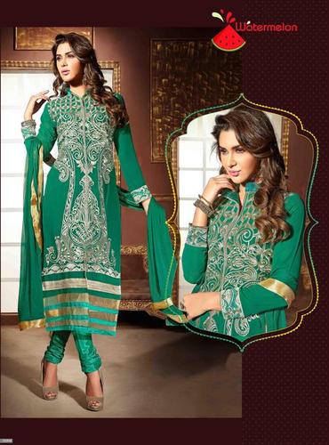 Green Watermelon Embroidered Straight Suit - Green Georgette, Semi-Stitched, Embroidered Collar, Chiffon Lace Border Dupatta